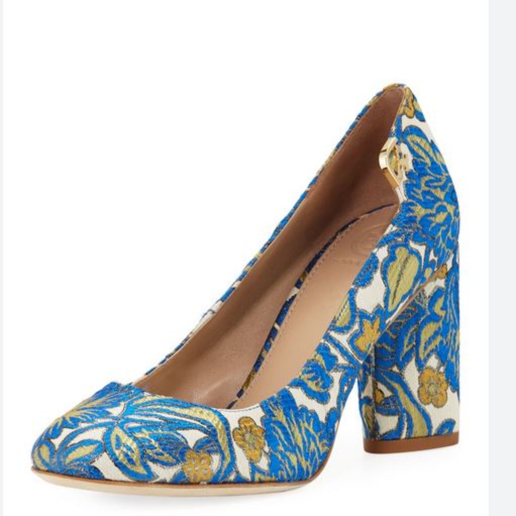 New In Box Tory Burch Sz 7 Elizabeth 85mm Printed Round Toe Suede Pump 43785